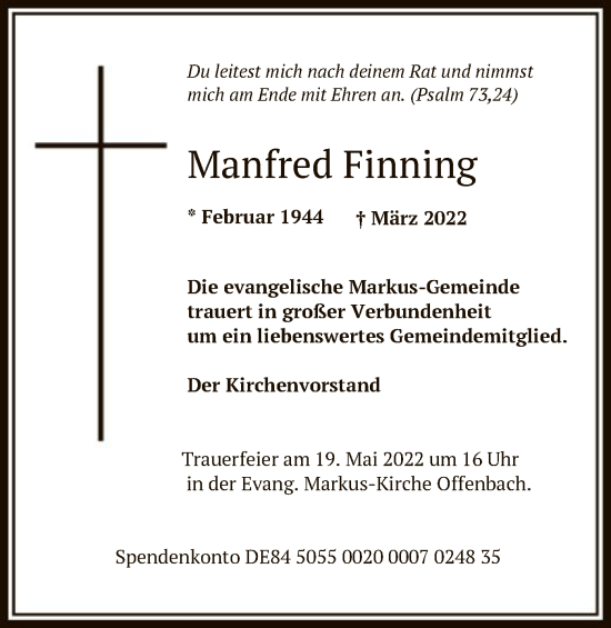 Todesanzeige von Manfred Finning von OF