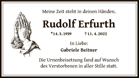 Todesanzeige von Rudolf Erfurth von OF