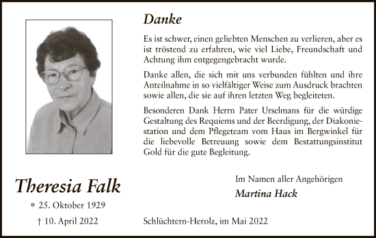 Todesanzeige von Theresia Falk von OF