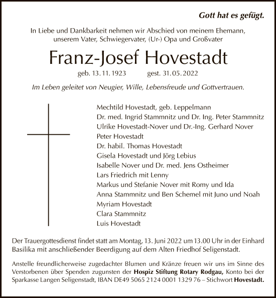Todesanzeige von Franz-Josef Hovestadt von OF
