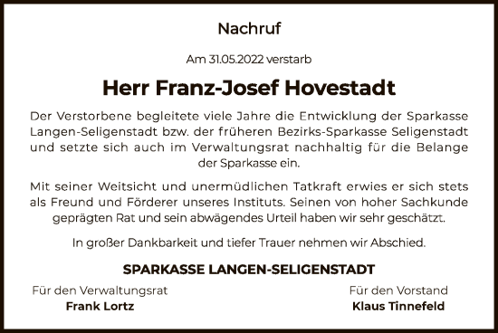 Todesanzeige von Franz-Josef Hovestadt von OF