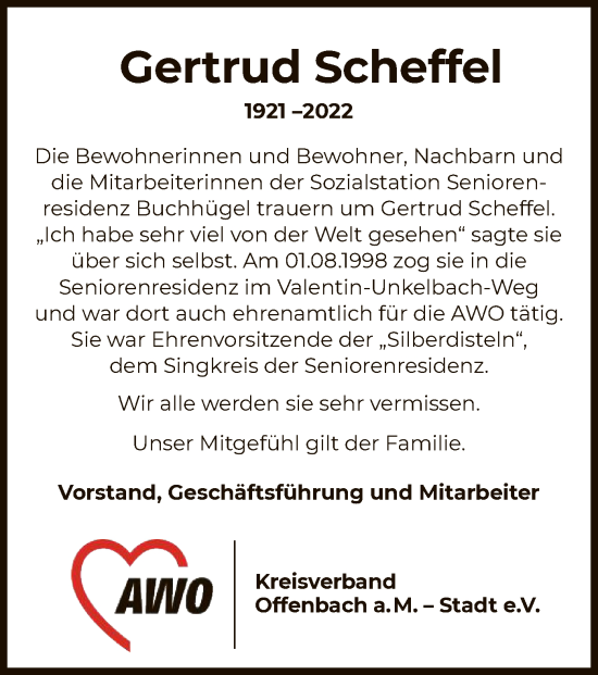 Todesanzeige von Gertrud Scheffel von OF