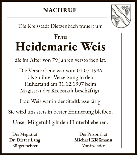 Todesanzeige von Heidemarie Weis von OF