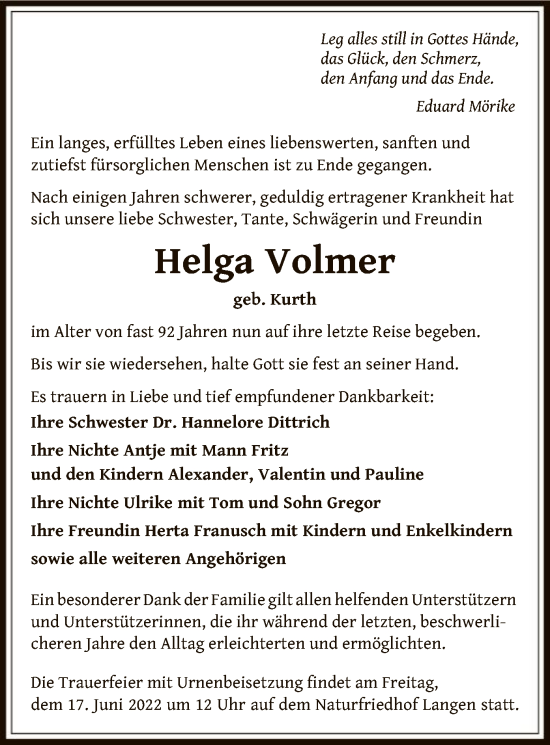 Todesanzeige von Helga Volmer von OF