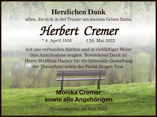 Todesanzeige von Herbert Cremer von OF