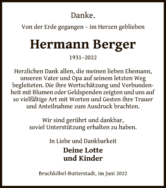 Todesanzeige von Hermann Berger von OF