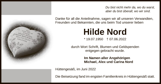 Todesanzeige von Hilde Nord von OF