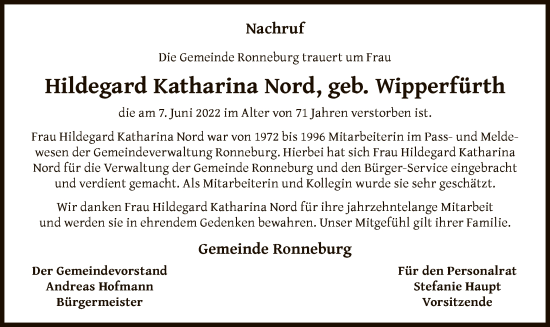 Todesanzeige von Hildegard Katharina Nord von OF