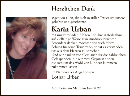 Todesanzeige von Karin Urban von OF