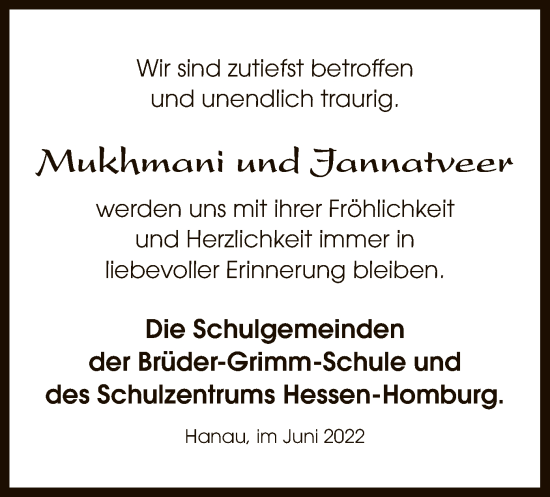 Todesanzeige von Mukhmani und Jannatveer  von OF