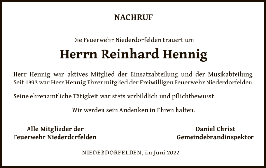 Todesanzeige von Reinhard Hennig von OF