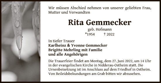 Todesanzeige von Rita Gemmecker von OF