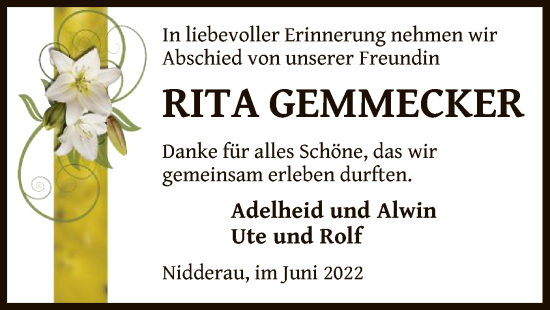 Todesanzeige von Rita Gemmecker von OF