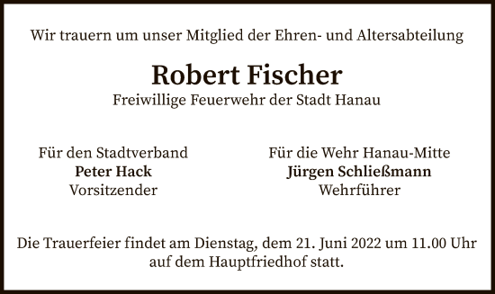 Todesanzeige von Robert Fischer von OF