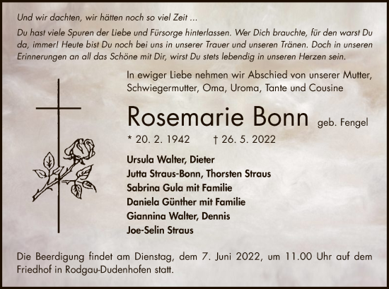 Todesanzeige von Rosemarie Bonn von OF