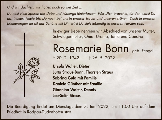 Todesanzeige von Rosemarie Bonn von OF