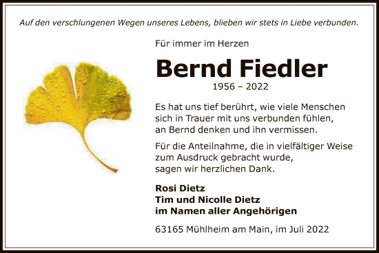 Todesanzeige von Bernd Fiedler von OF