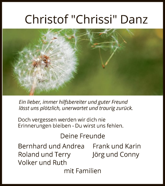 Todesanzeige von Christof Danz von OF