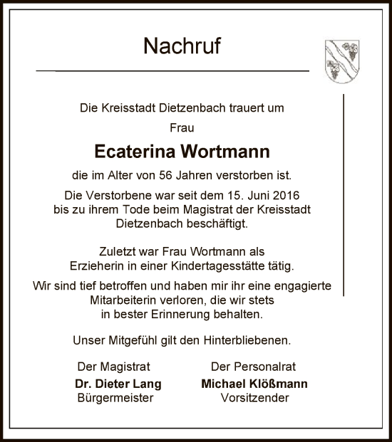 Todesanzeige von Ecaterina Wortmann von OF