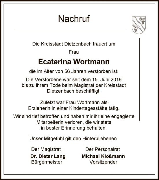 Todesanzeige von Ecaterina Wortmann von OF