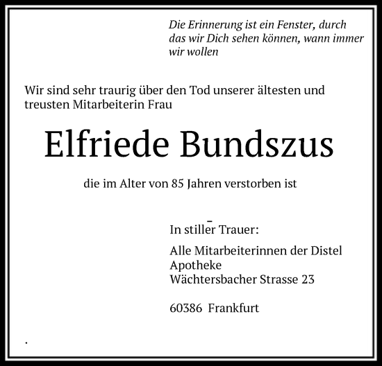 Todesanzeige von Elfriede Bundszus von OF