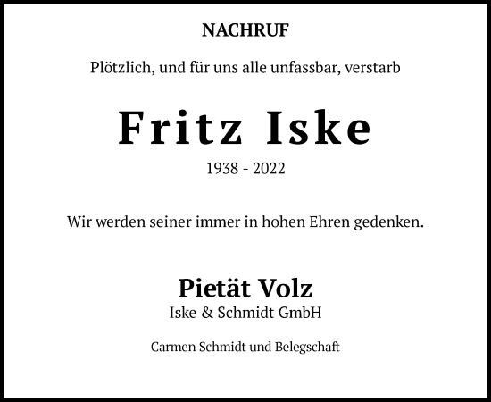 Todesanzeige von Fritz Iske von OF