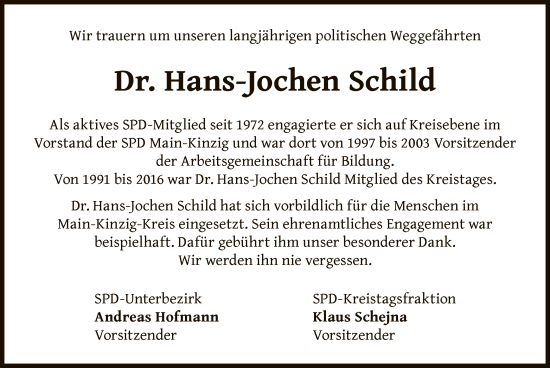 Todesanzeige von Hans-Jochen Schild von OF