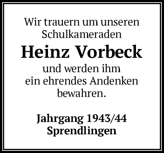 Todesanzeige von Heinz Vorbeck von OF