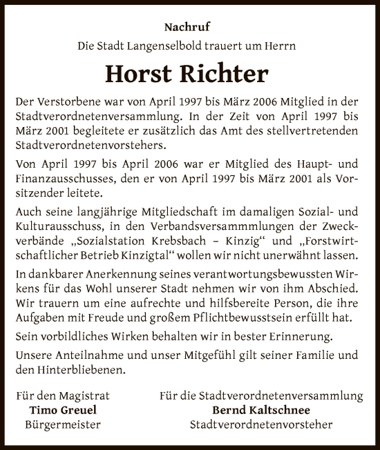Todesanzeige von Horst Richter von OF
