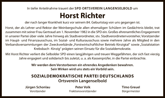 Todesanzeige von Horst Richter von OF