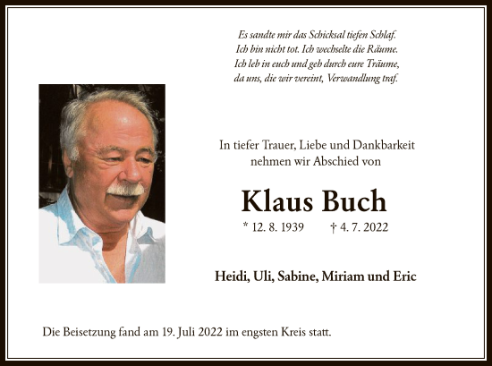 Todesanzeige von Klaus Buch von OF