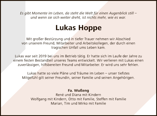 Todesanzeige von Lukas Hoppe von OF