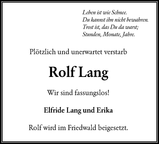 Todesanzeige von Rolf Lang von OF