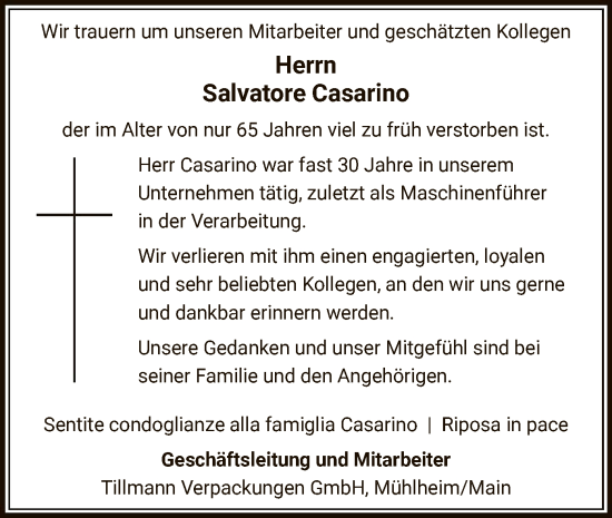 Todesanzeige von Salvatore Casarino von OF