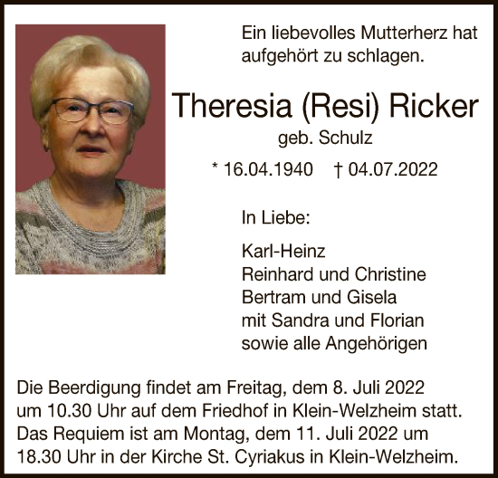 Todesanzeige von Theresia Ricker von OF