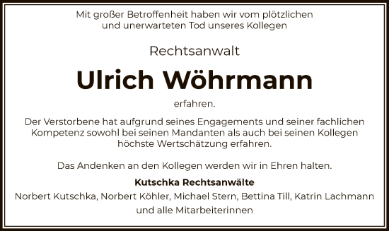 Todesanzeige von Ulrich Wöhrmann von OF