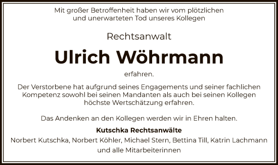 Todesanzeige von Ulrich Wöhrmann von OF