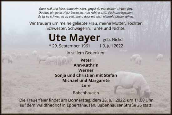 Todesanzeige von Ute Mayer von OF
