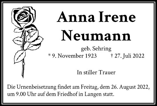 Todesanzeige von Anna Irene Neumann von OF