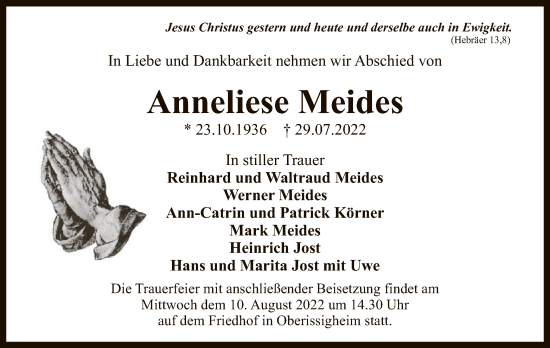 Todesanzeige von Anneliese Meides von OF