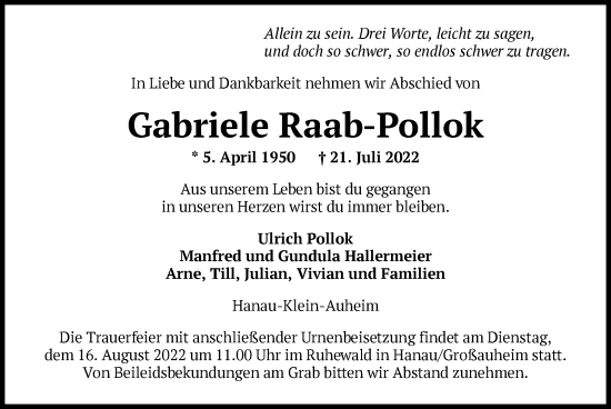 Todesanzeige von Gabriele Raab-Pollok von OF