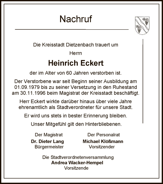 Todesanzeige von Heinrich Eckert von OF