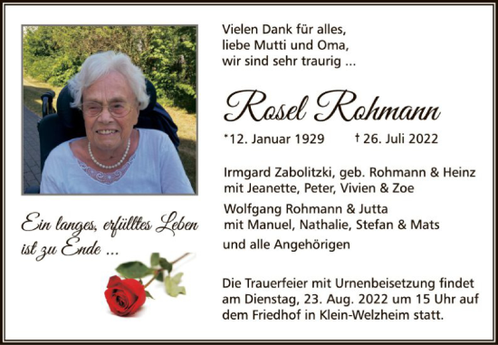 Todesanzeige von Rosel Rohmann von OF