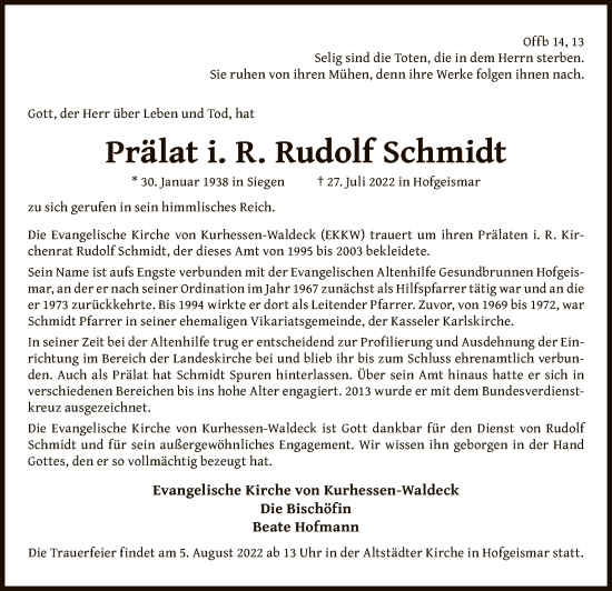 Todesanzeige von Rudolf Schmidt von OF