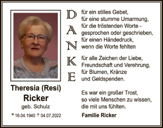 Todesanzeige von Theresia Ricker von OF
