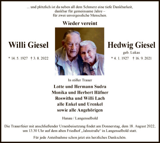 Todesanzeige von Willi und Hedwig Giesel von OF