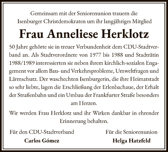 Todesanzeige von Anneliese Herklotz von OF