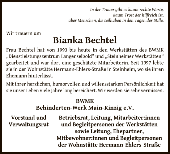 Todesanzeige von Bianka Bechtel von OF