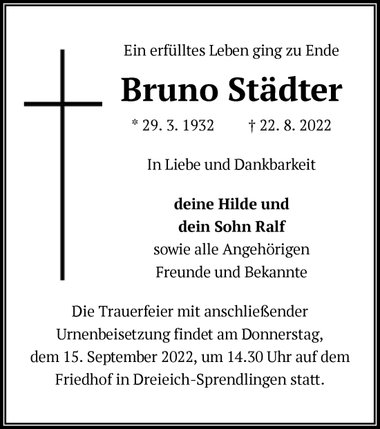 Todesanzeige von Bruno Städter von OF