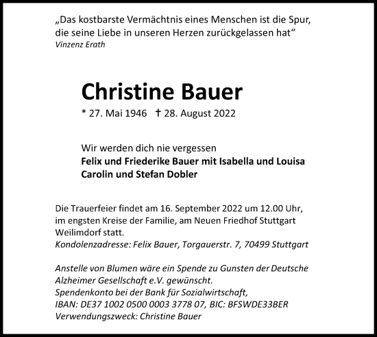 Todesanzeige von Christine Bauer von OF